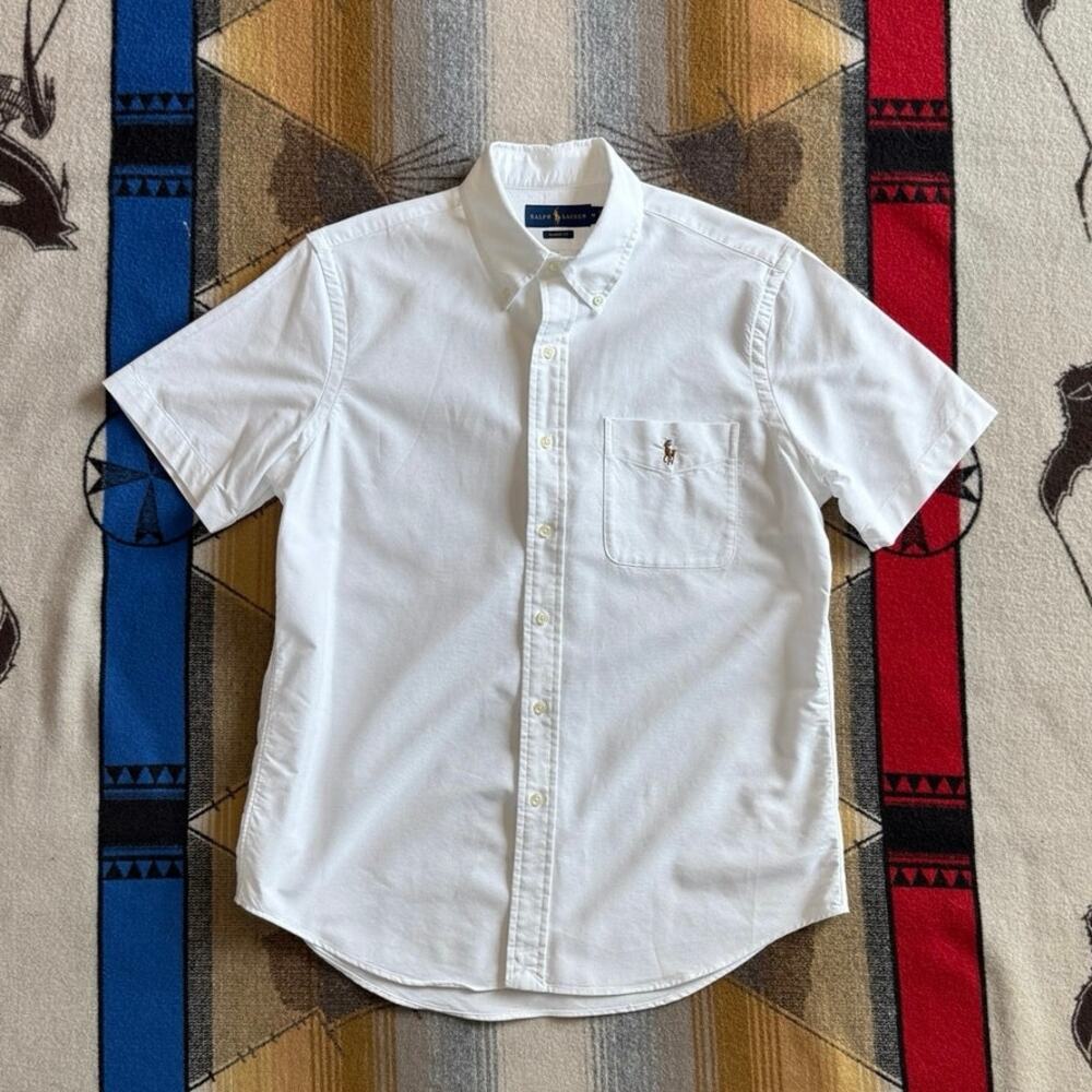 Men’s Ralph Lauren Classic Fit Button Up Polo Shirt Size Medium White Embroidery